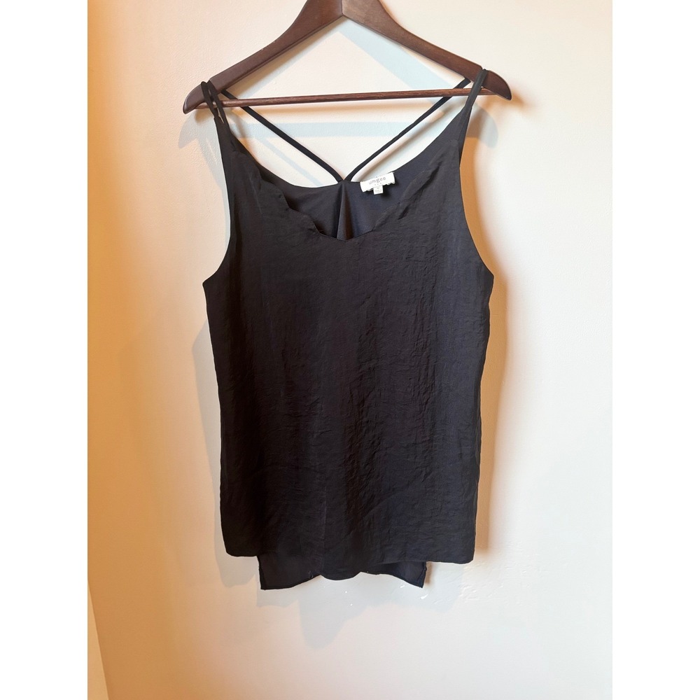 Umgee Women M Black Scalloped V-Neck Strappy Crisscross Back Crinkle‎ Cami Tank